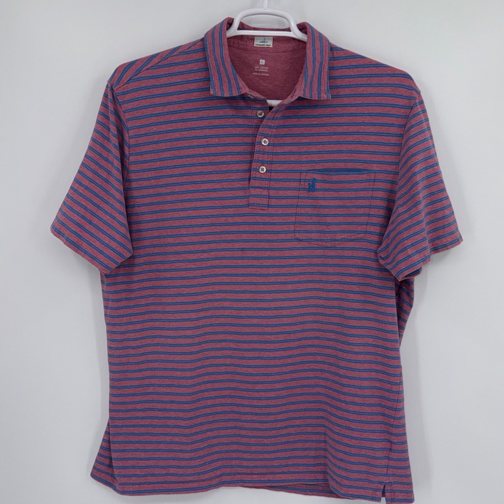 Johnnie-O Atkins Hangin Out Polo Shirt XL Cajun Red Blue Striped JMP06310 Mens